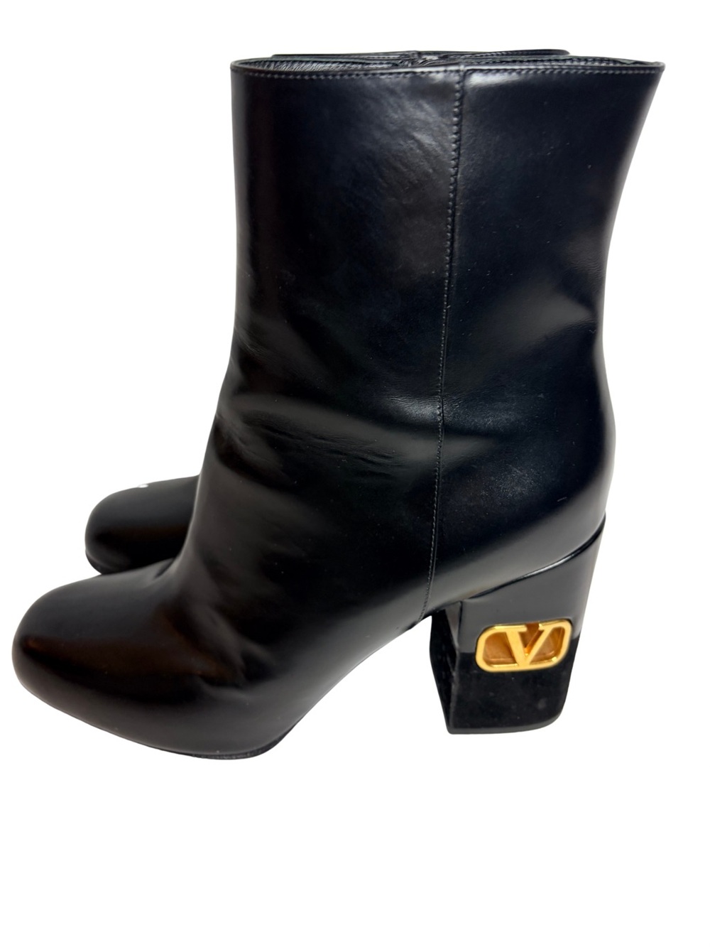 Valentino Black Leather Ankle Boots with Gold Accent V